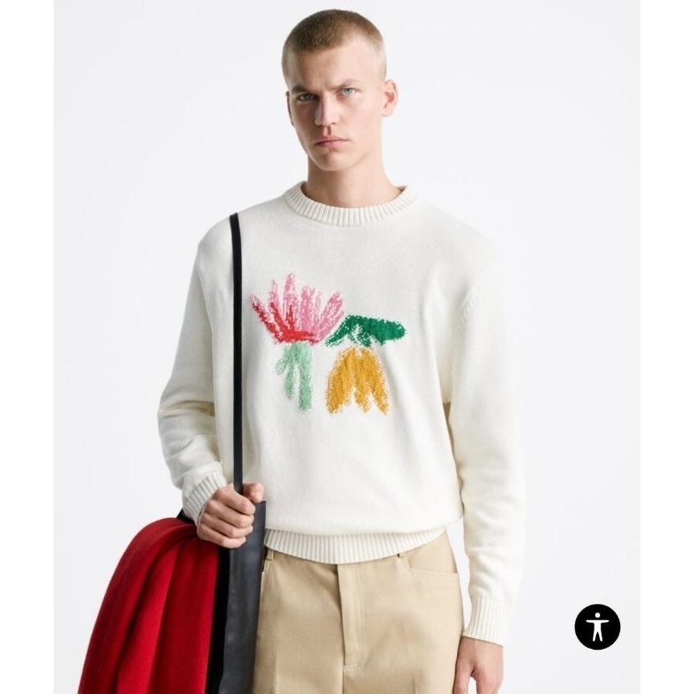 Zara Men's Floral Jacquard Knit Sweater White "You Are Truth To Me" Size M